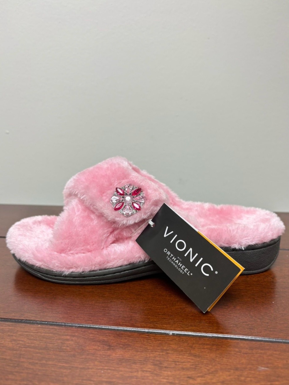 Vionic Pink Fuzzy Slide with Jeweled Flower 5, 11 & 12